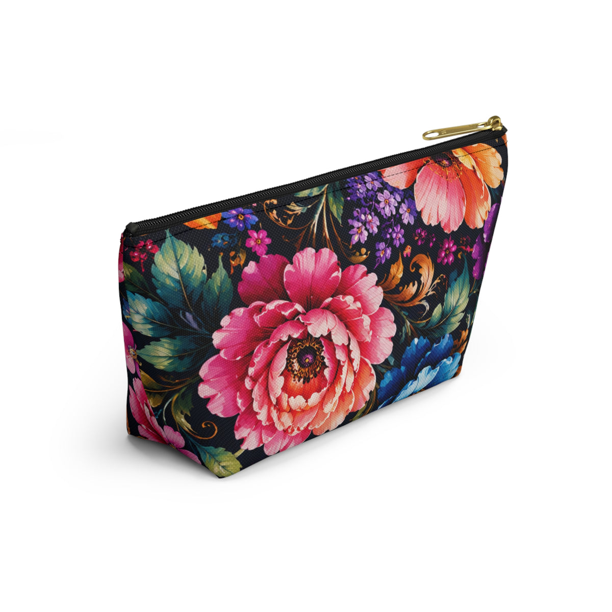 Floral Accessory Pouch — Vibrant Garden Makeup Bag with T-Bottom