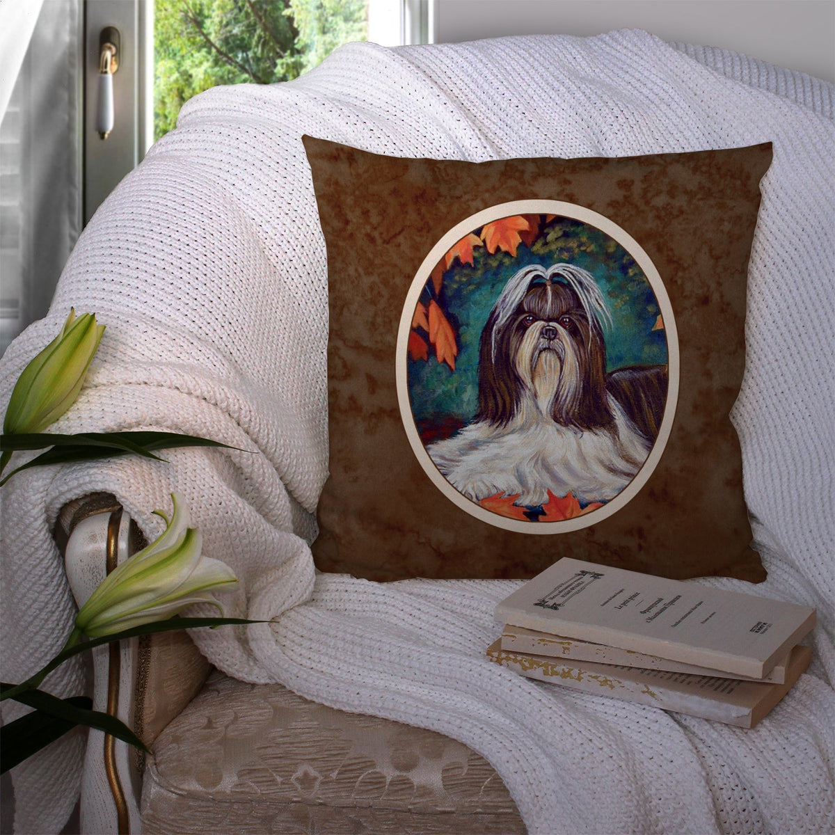 Autumn Leaves Shih Tzu Decorative Throw Pillow 14x14 Indoor Outdoor Accent Cushion, Fabric Cover with Insert for Sofa, Bed, Porch & Living Room