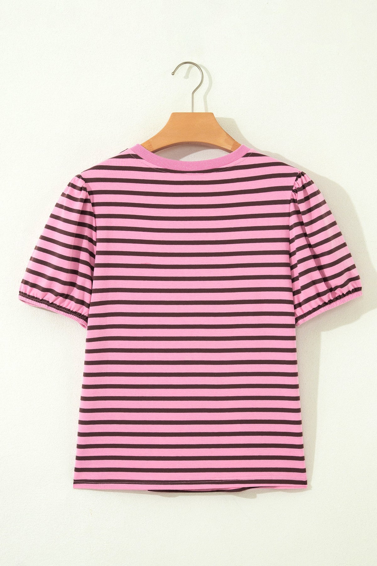 Stripe Ribbed Trim V-Neck Puff Sleeve Top
