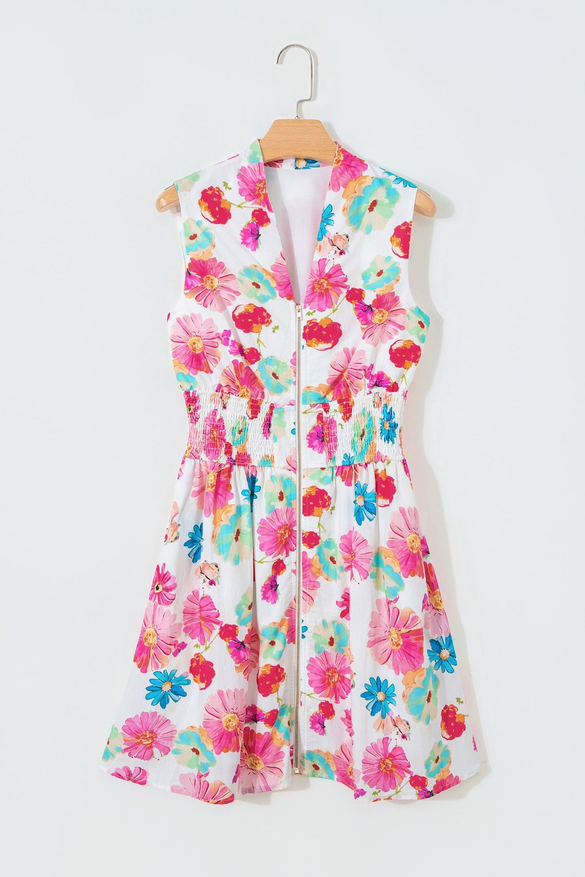 Floral Zip Up V-Neck Smocked Flared Mini Dress