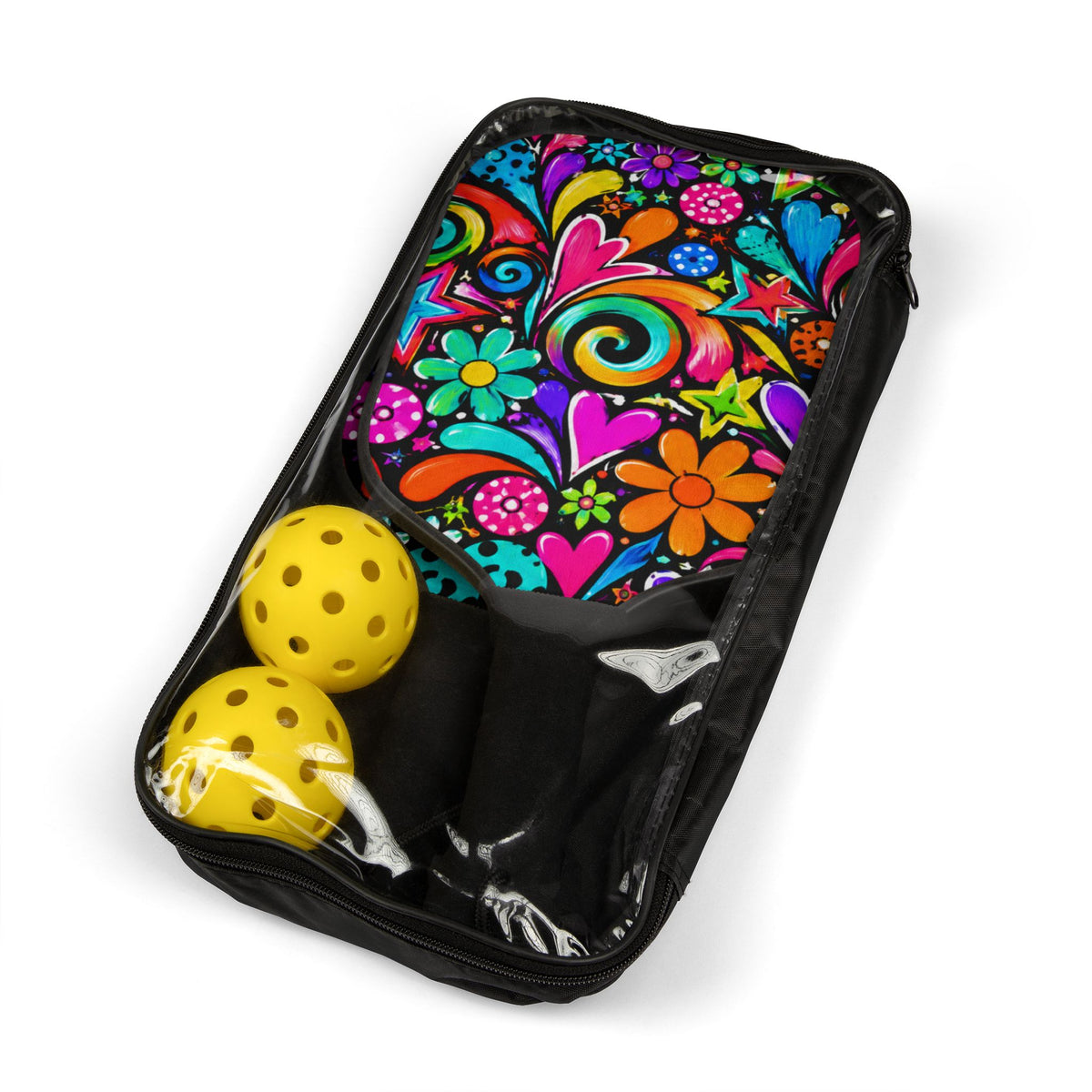 Floral Psychedelic Pickleball Paddles & Balls Set — Colorful Hearts & Flowers Design