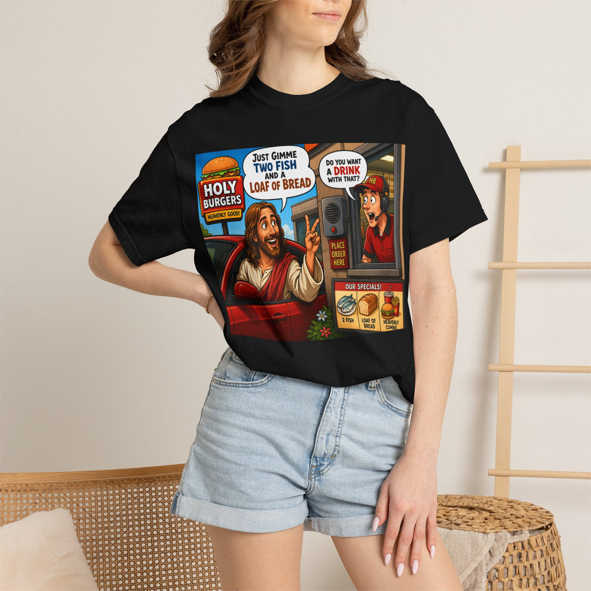 Jesus at Drive-Thru T-shirt | Holy Burgers Fast Food Cartoon