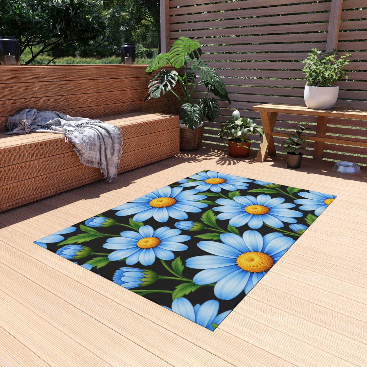 Blue Daisy Outdoor Rug — Cheerful Floral Patio Mat