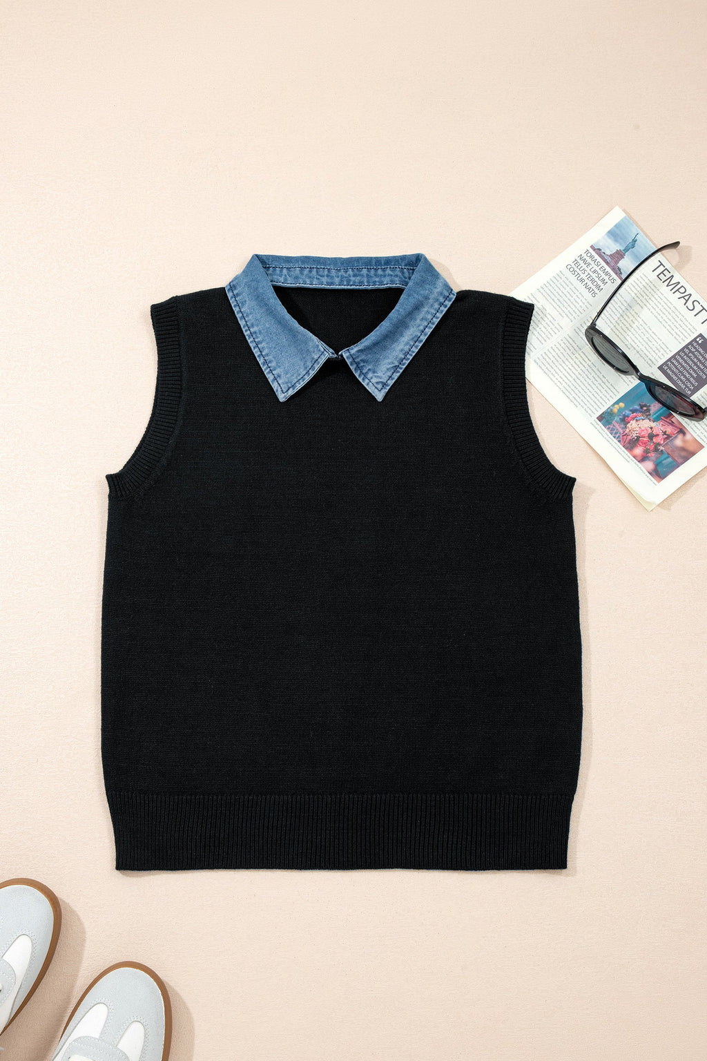 Denim Patchwork Collar Sleeveless Sweater Top