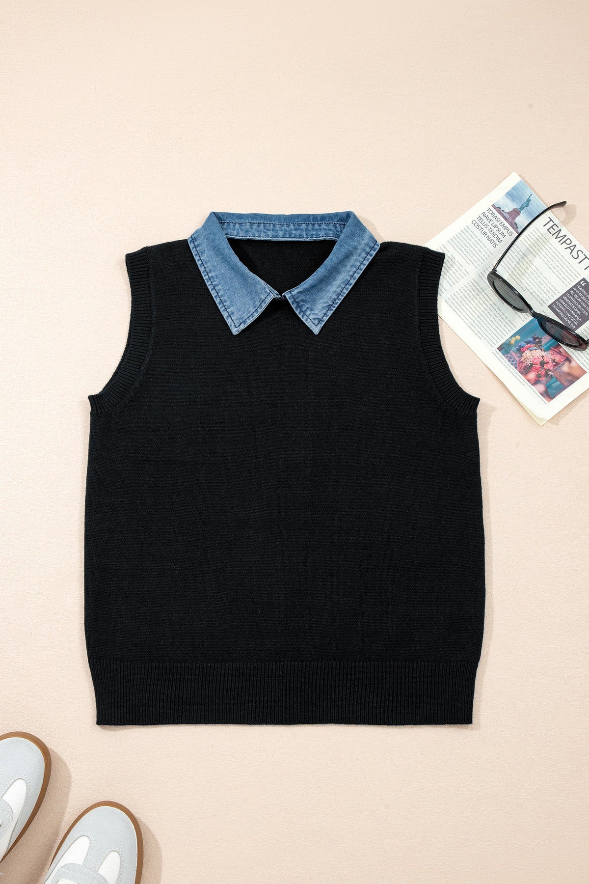 Denim Patchwork Collar Sleeveless Sweater Top