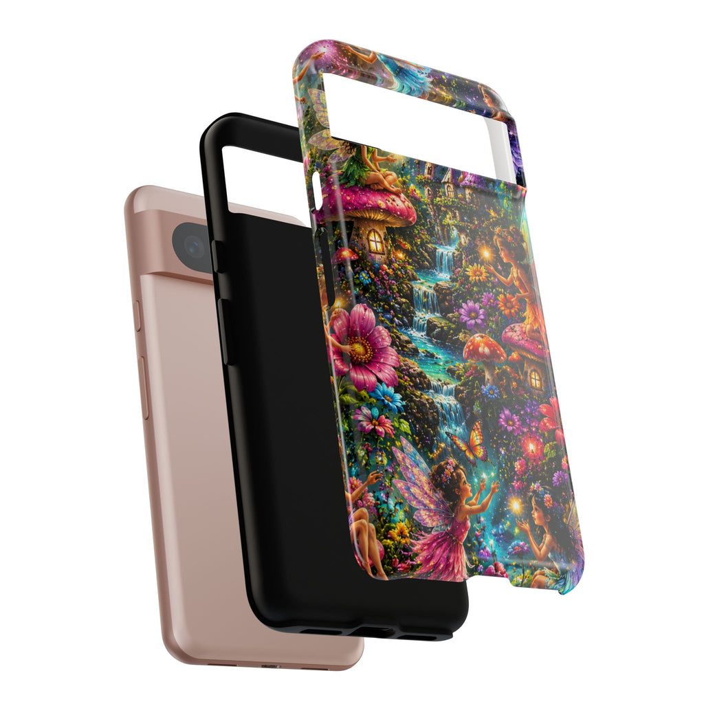 Fairy Garden Tough Phone Case — Whimsical Cottage, Waterfall & Mushroom Artwork