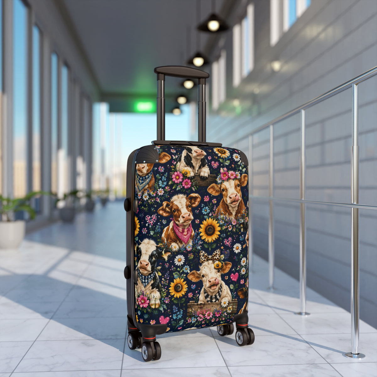 Cow Floral Suitcase – Cute Cow Print Carry-On Luggage with Sunflowers