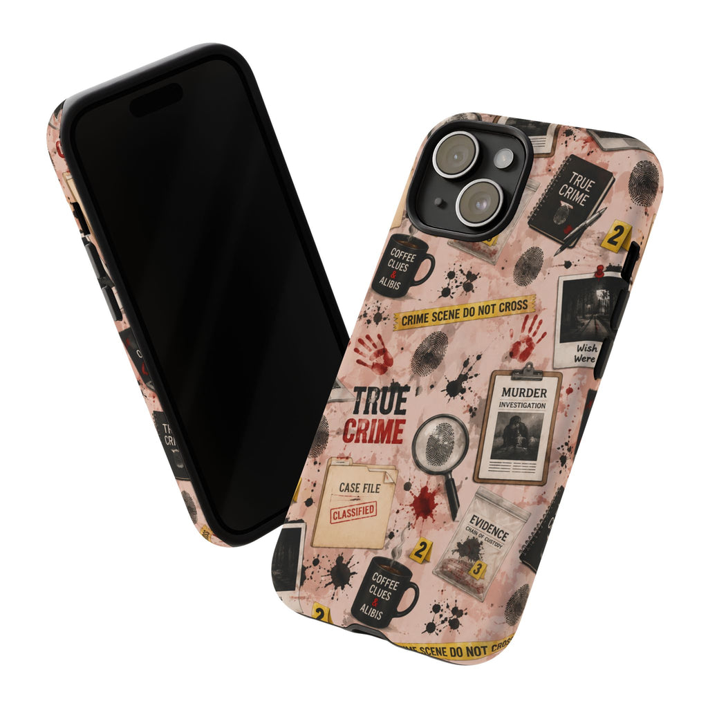 True Crime Pattern Phone Case – Detective Evidence, Crime Scene Tape & 'True Crime' Design