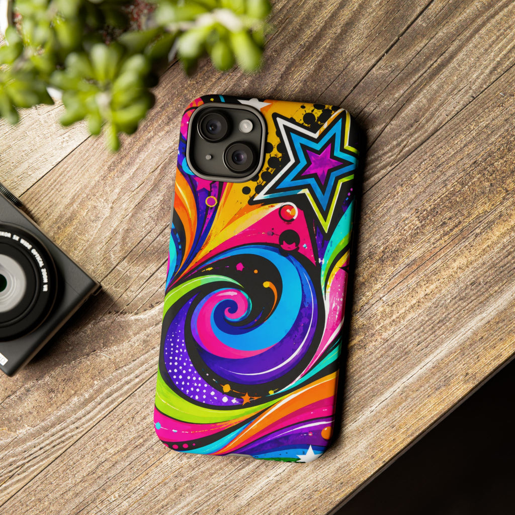 Psychedelic Swirl Phone Case — Bold Retro Stars & Neon Pop Art Tough Case