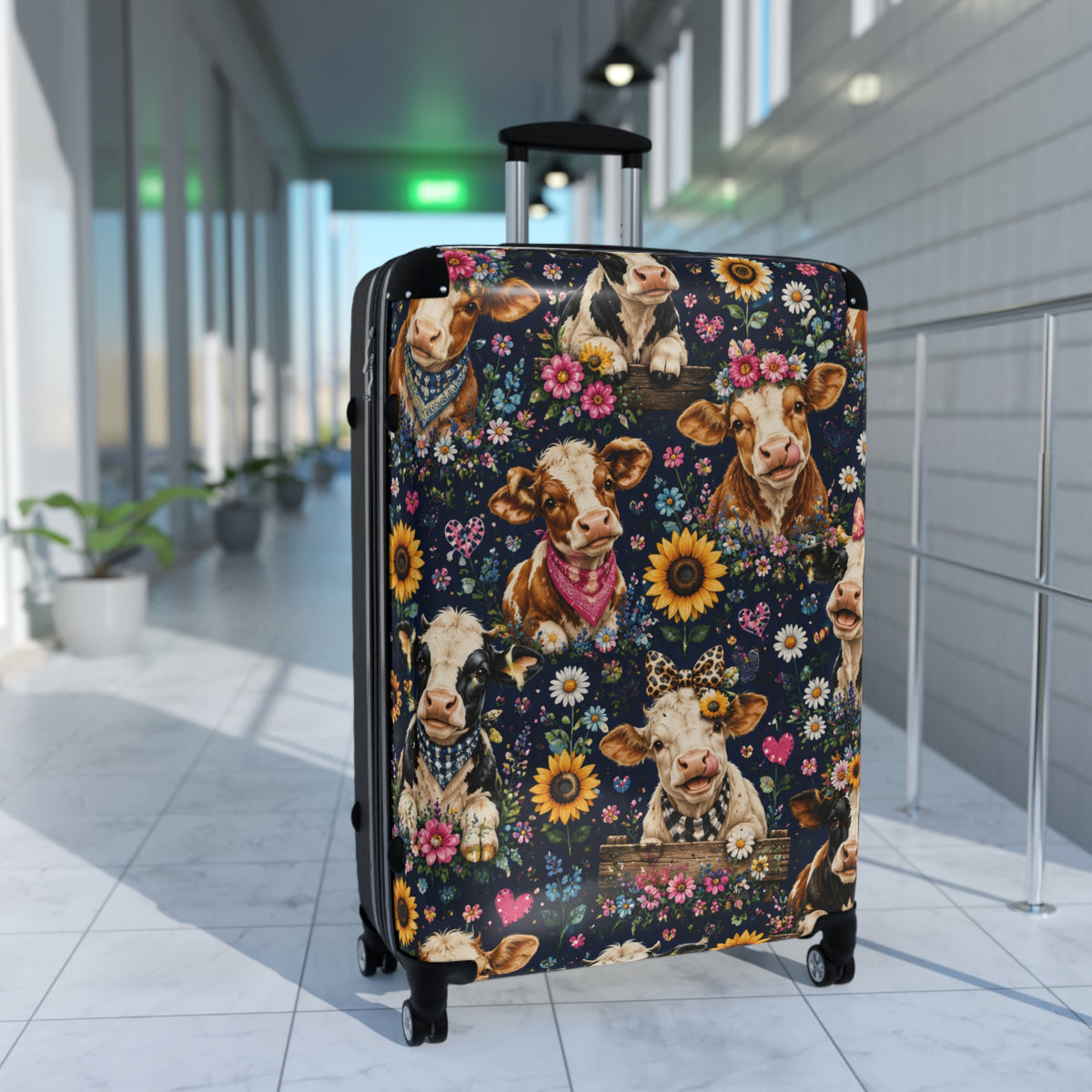Cow Floral Suitcase – Cute Cow Print Carry-On Luggage with Sunflowers