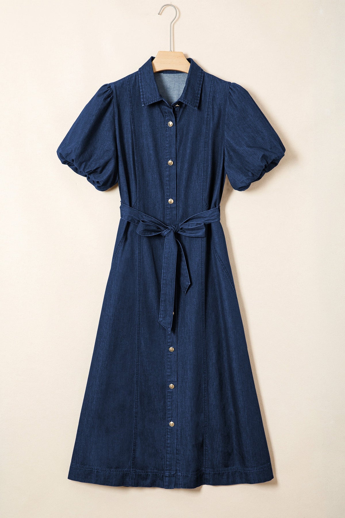 Solid Denim Collared Bubble Sleeve Buttoned Midi Dress
