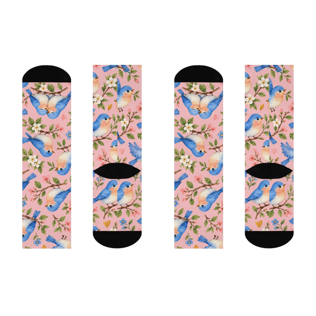 Bluebird Floral Crew Socks | Pink Bird Pattern, Spring Nature Socks
