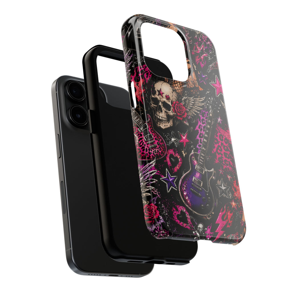 Rock Skull Guitar Phone Case — Edgy Pink Skull & Roses Tough Phone Case