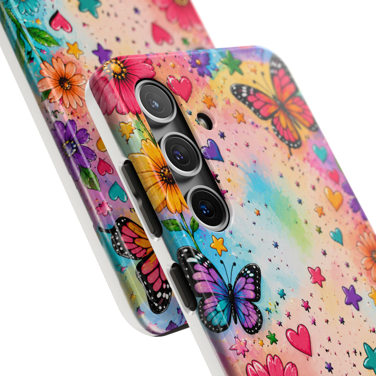 Colorful Butterflies and Flowers Tough Phone Case | Rainbow Hearts Stars