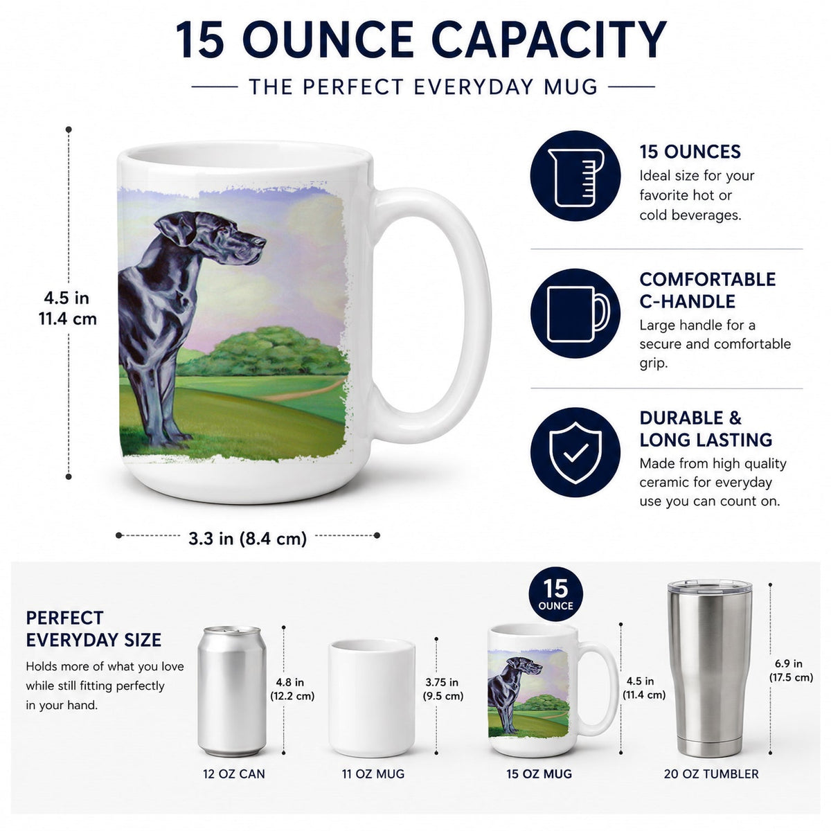 Great Dane Ceramic Coffee Mug 15 oz Decorative Large C Handle Mug Cup for Tea, Cocoa Hot Chocolate