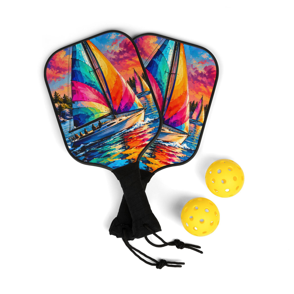 Pickleball Paddle Set — Colorful Sailboat Sunset Design Kit (2 Paddles + Balls)