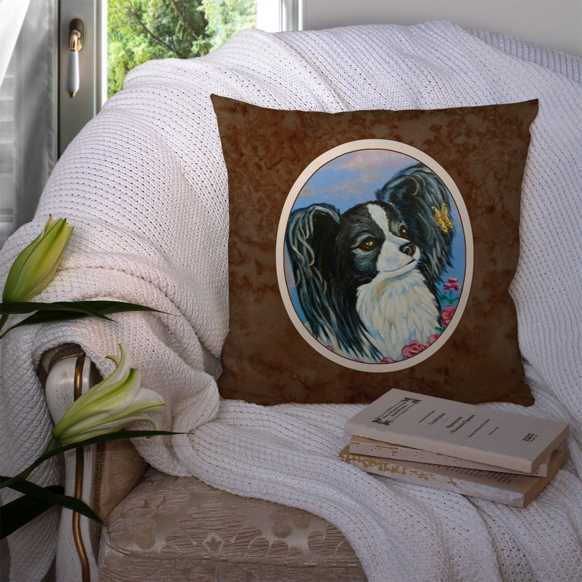 Black and White Papillon Decorative Throw Pillow 14x14 Indoor Outdoor Accent Cushion, Fabric Cover with Insert for Sofa, Bed, Porch & Living Room