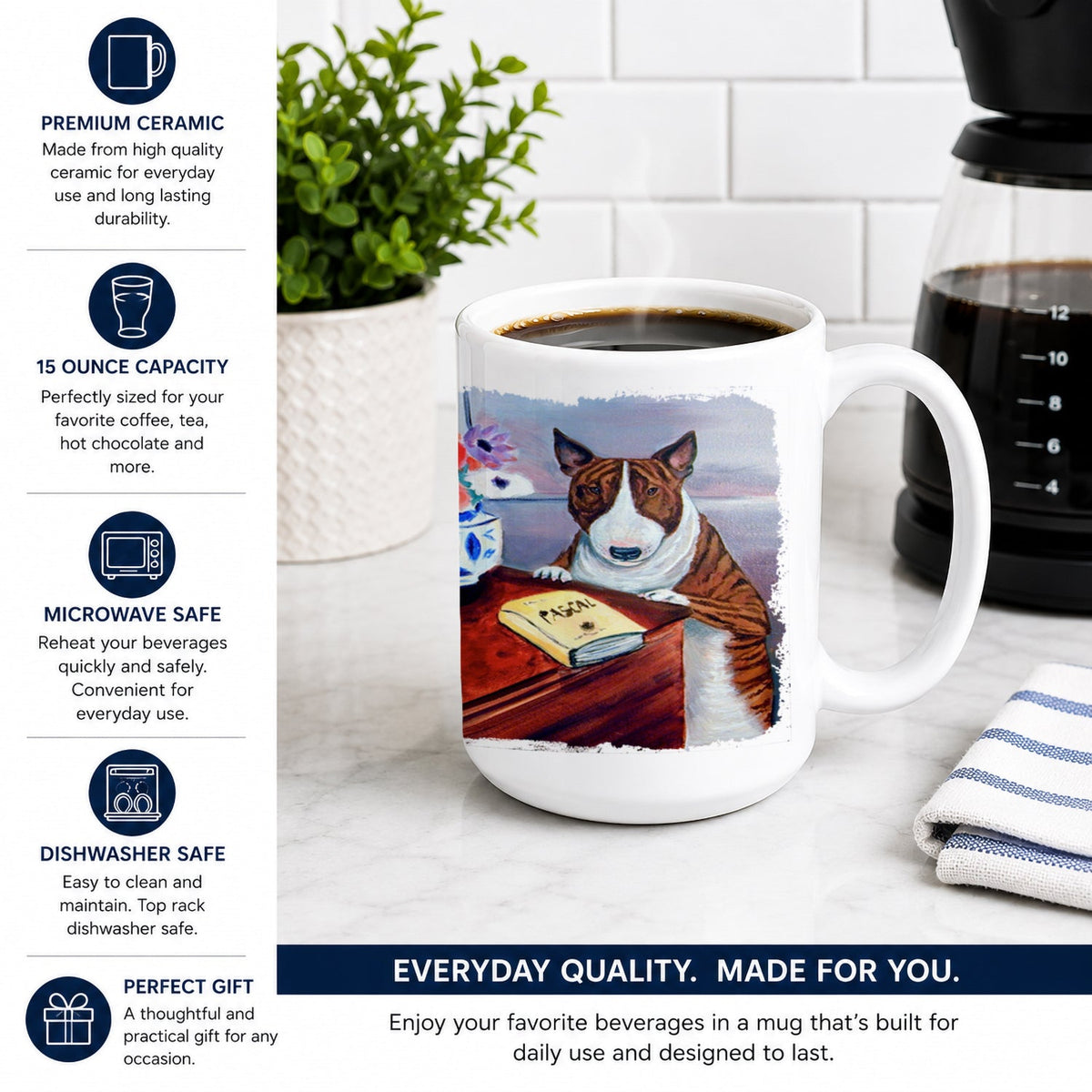 Bull Terrier Ceramic Coffee Mug 15 oz Decorative Large C Handle Mug Cup for Tea, Cocoa Hot Chocolate