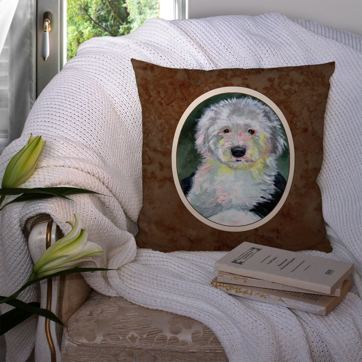 Old English Sheepdog Decorative Throw Pillow 14x14 Indoor Outdoor Accent Cushion, Fabric Cover with Insert for Sofa, Bed, Porch & Living Room