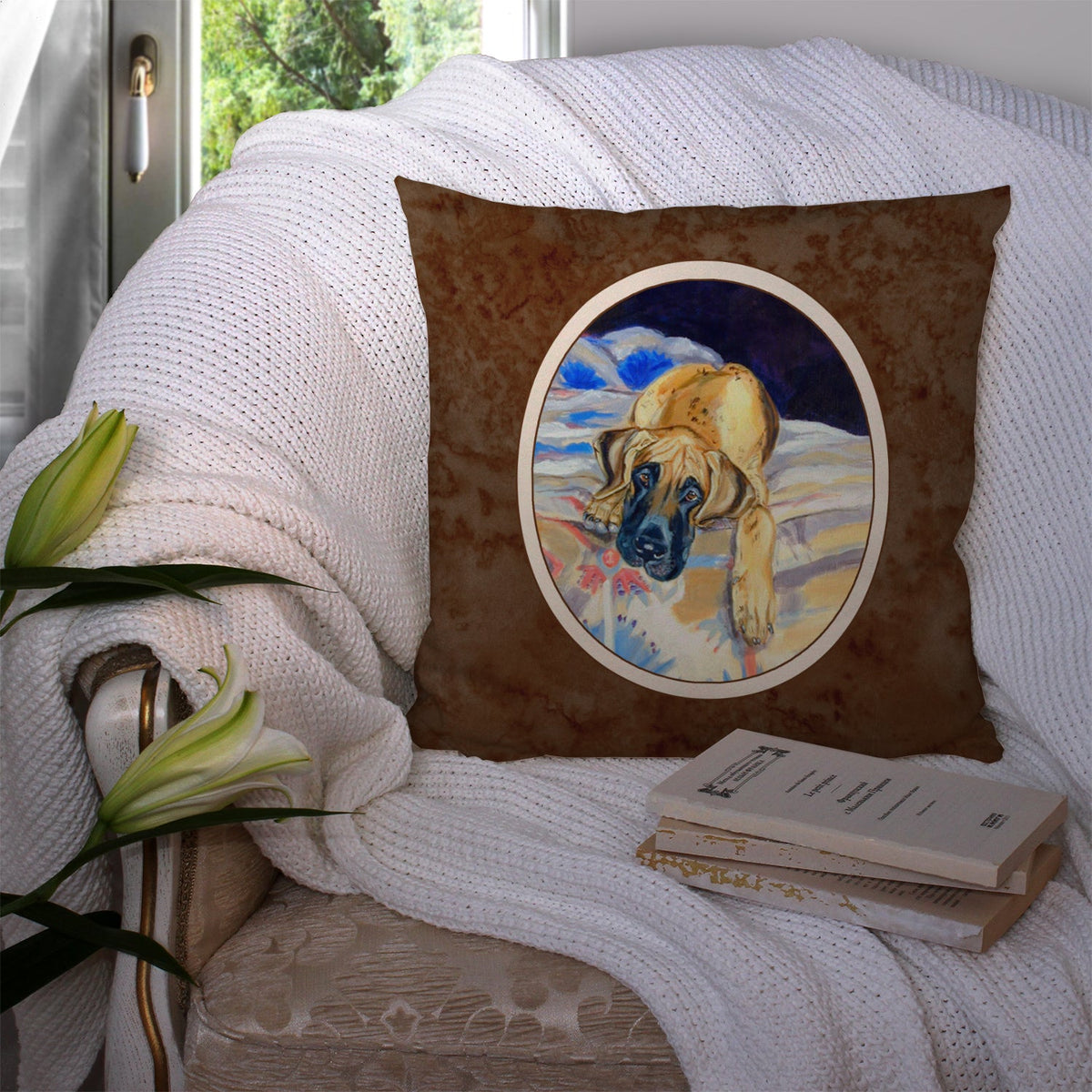 Fawn Great Dane Decorative Throw Pillow 14x14 Indoor Outdoor Accent Cushion, Fabric Cover with Insert for Sofa, Bed, Porch & Living Room
