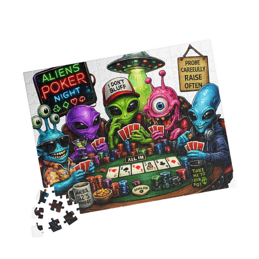 Aliens Poker Night Puzzle | Card Game Alien Illustration Jigsaw