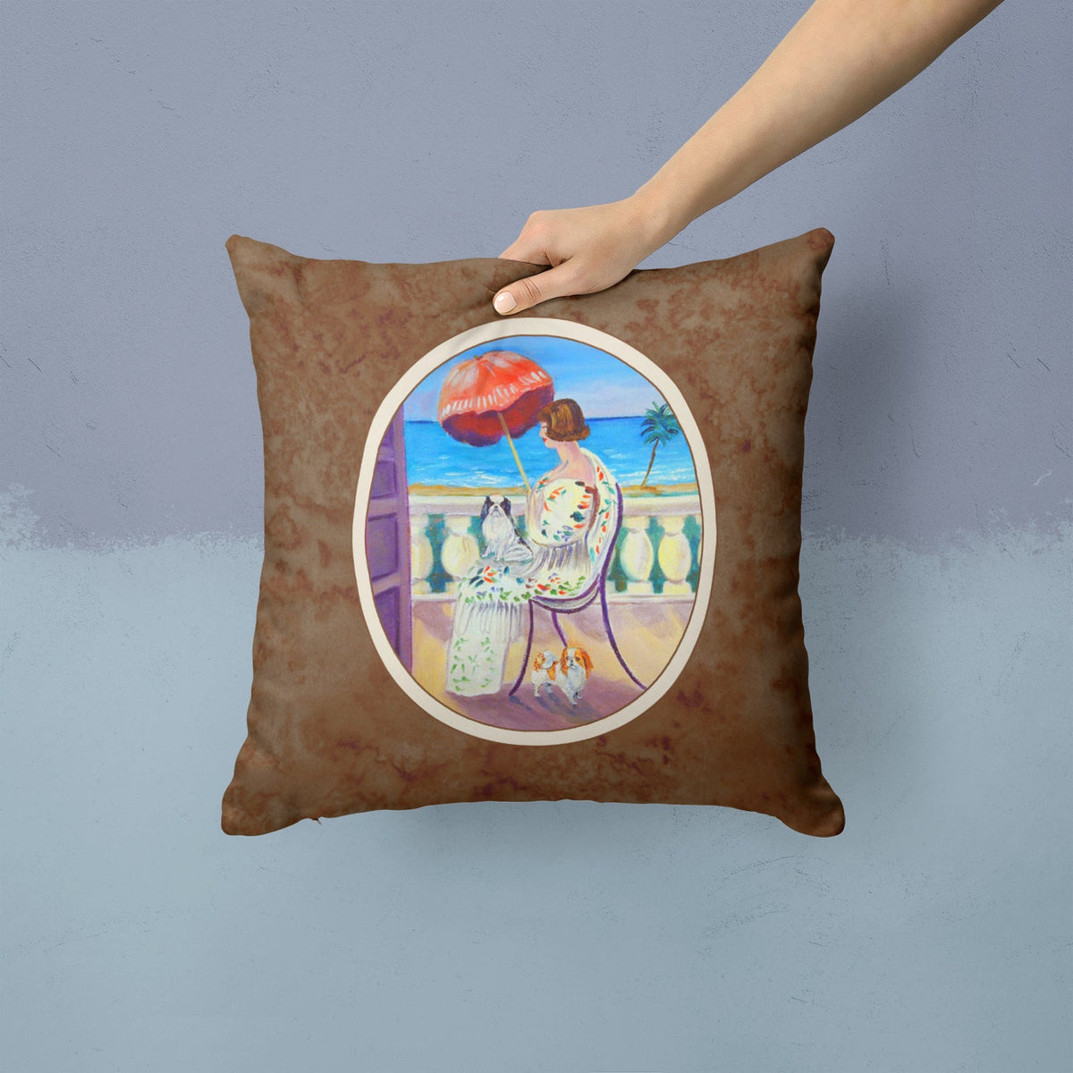 Lady with her Japanese Chin Decorative Throw Pillow 14x14 Indoor Outdoor Accent Cushion, Fabric Cover with Insert for Sofa, Bed, Porch & Living Room