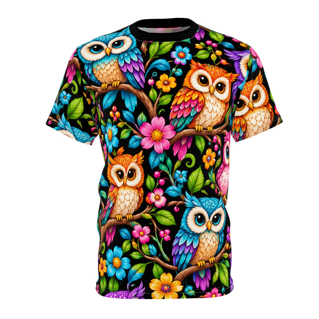 Colorful Owl All-Over Print Tee — Whimsical Floral Bird T-Shirt