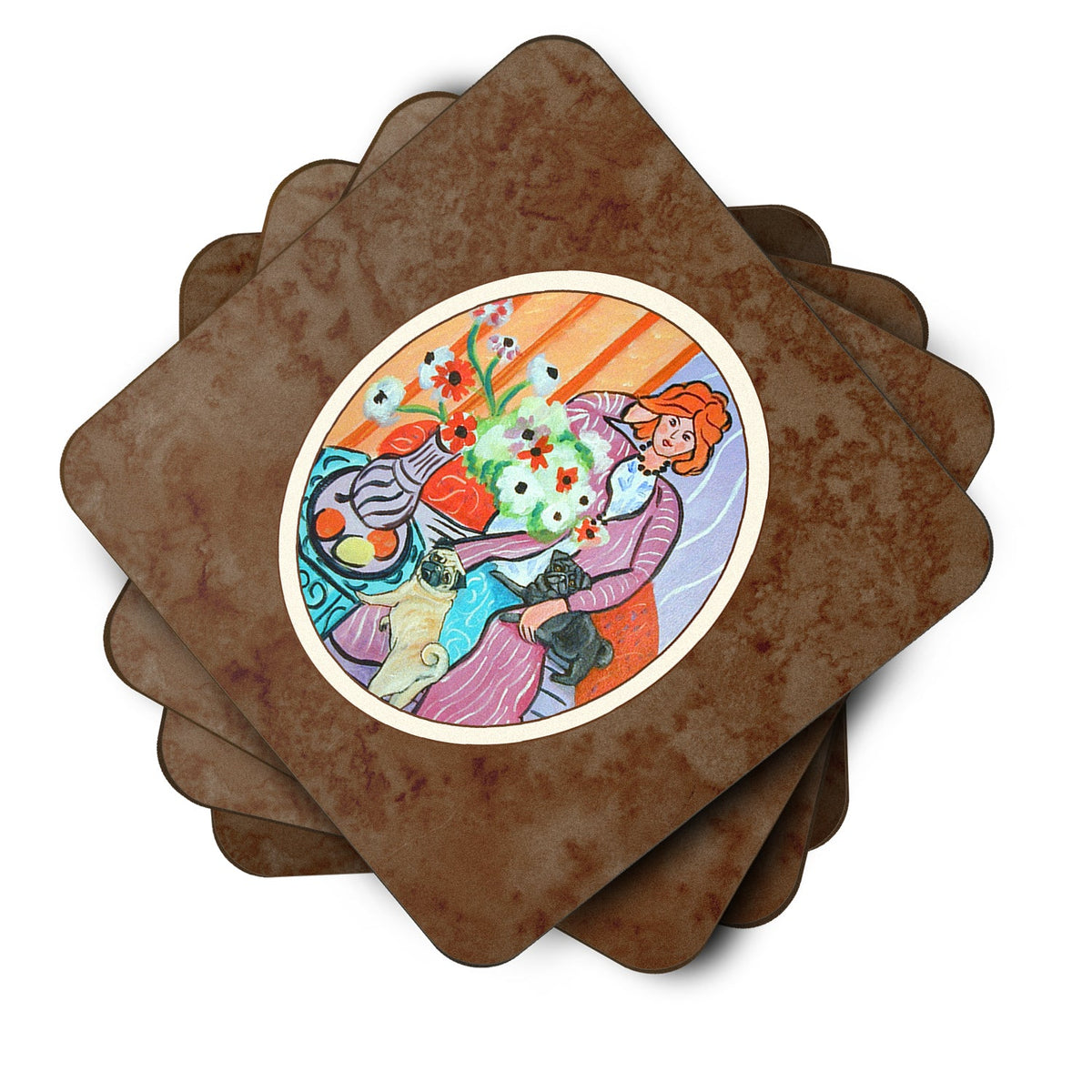 Lady with her Pug Foam Coasters Set of 4 Cup Coasters for Indoor Outdoor, Tabletop Protection, Anti Slip, Mouse pad Material