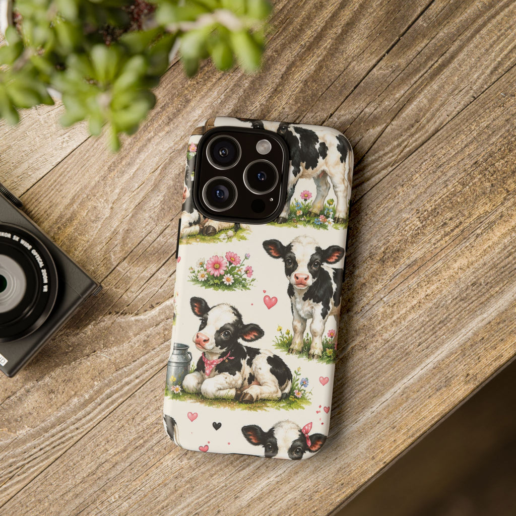 Cute Calf Pattern Phone Case – Pastel Cow Hearts & Flowers Protective Cover