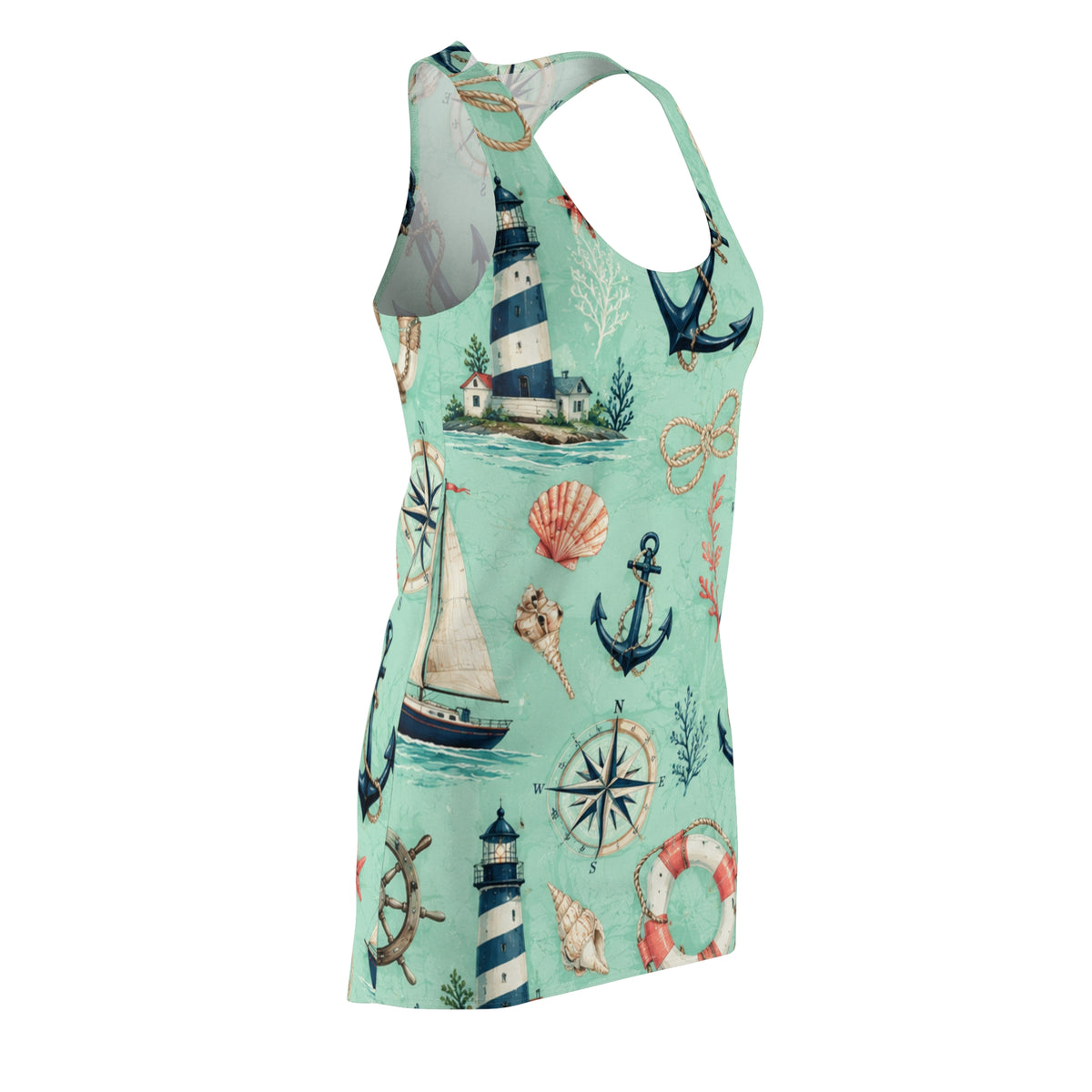 Nautical Print Racerback Dress — Beach Anchor & Lighthouse Sundress