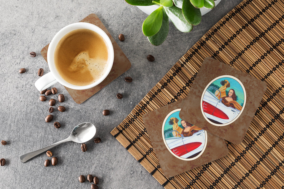 Great Dane with Mona Lisa Foam Coasters Set of 4 Cup Coasters for Indoor Outdoor, Tabletop Protection, Anti Slip, Mouse pad Material
