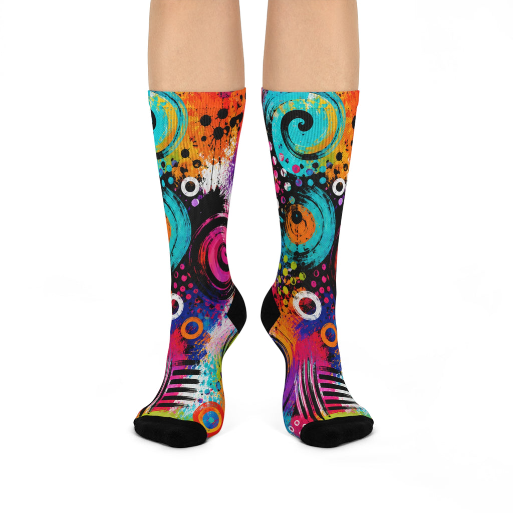 Colorful Abstract Spiral Cushioned Crew Socks — Vibrant Paint-Splash Art