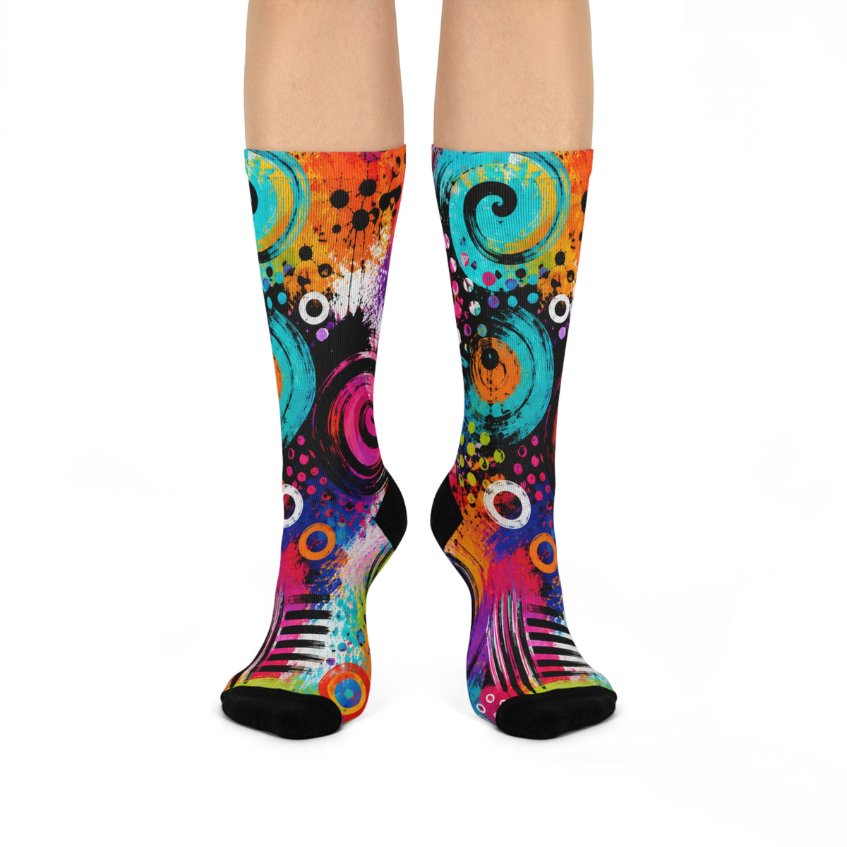 Colorful Abstract Spiral Cushioned Crew Socks — Vibrant Paint-Splash Art