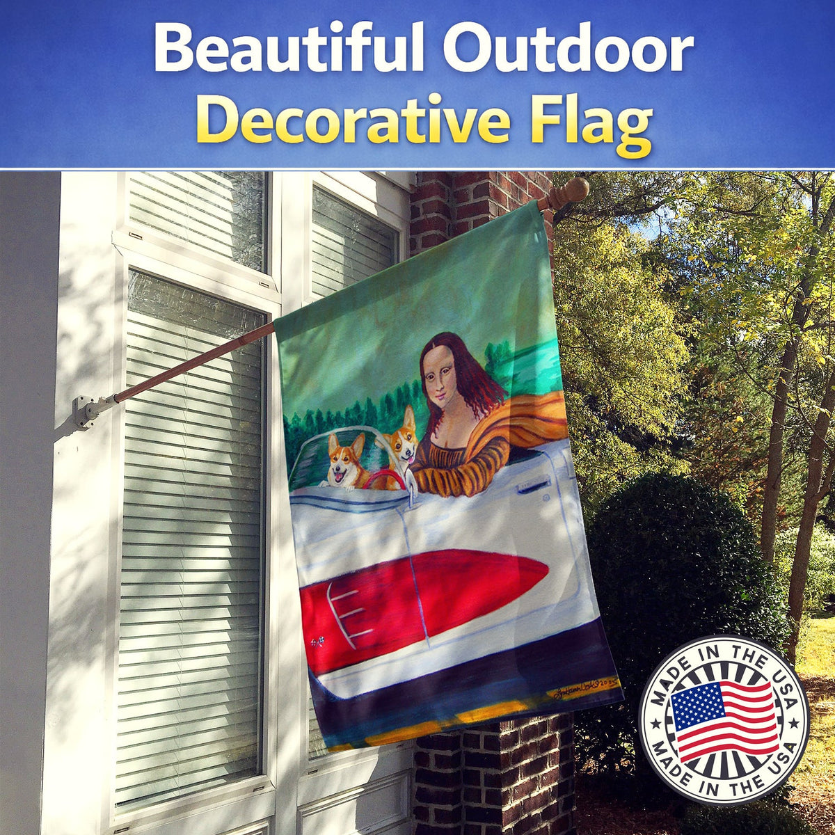 Mona Lisa with  Corgi House Flag 28x40 Porch Sleeve Pole Decorative Outside Yard Banner Artwork Wall Hanging, Polyester