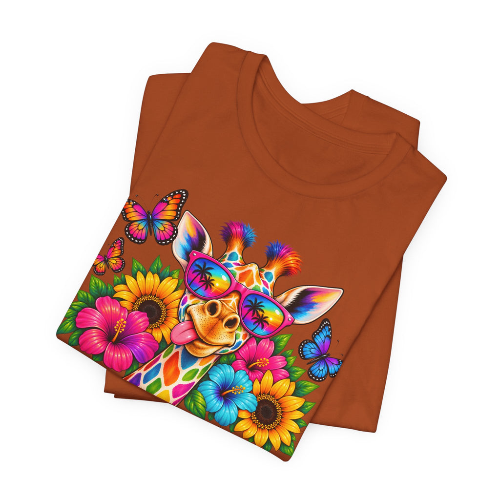 Giraffe Floral Tee — Colorful Butterfly & Sunflower Graphic T-Shirt