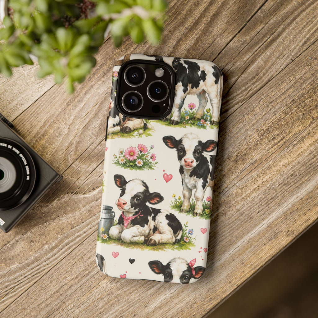 Cute Calf Pattern Phone Case – Pastel Cow Hearts & Flowers Protective Cover