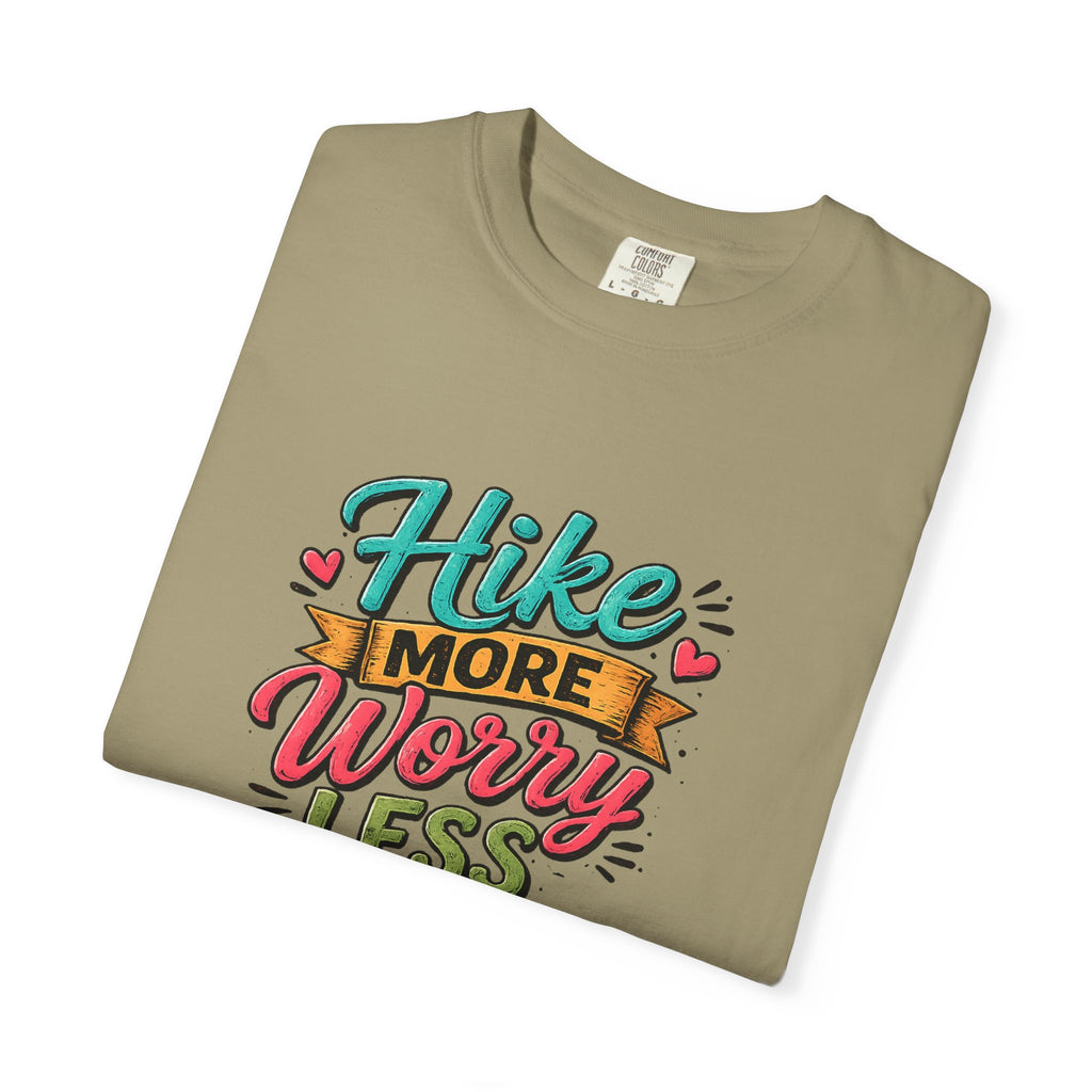 Hike More Worry Less T-Shirt | Hiking Backpack Trail Sign Tee