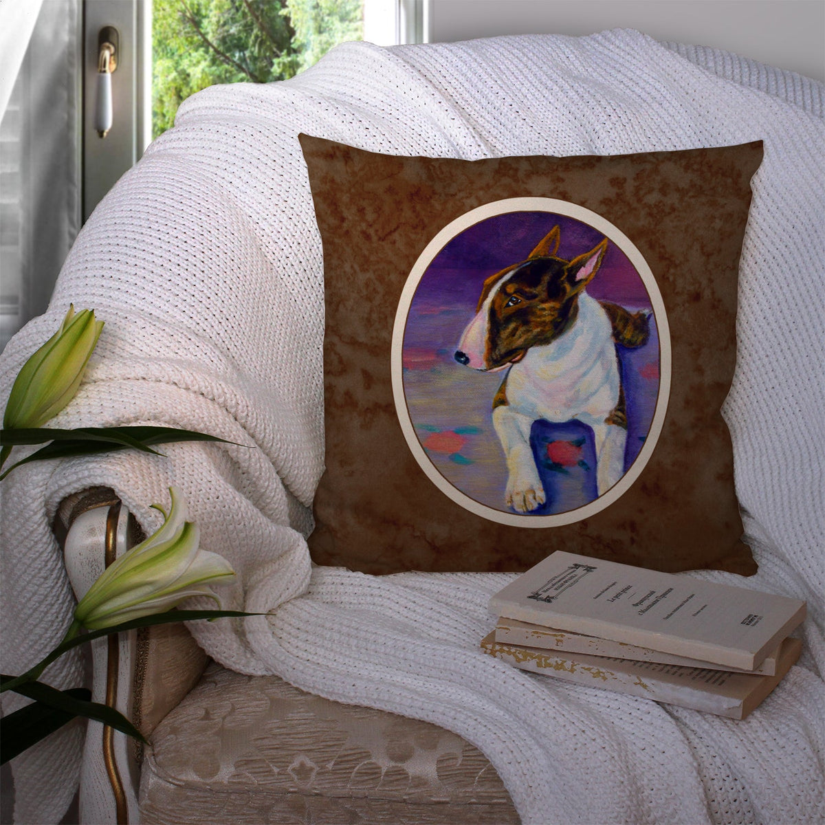 Bull Terrier Decorative Throw Pillow 14x14 Indoor Outdoor Accent Cushion, Fabric Cover with Insert for Sofa, Bed, Porch & Living Room