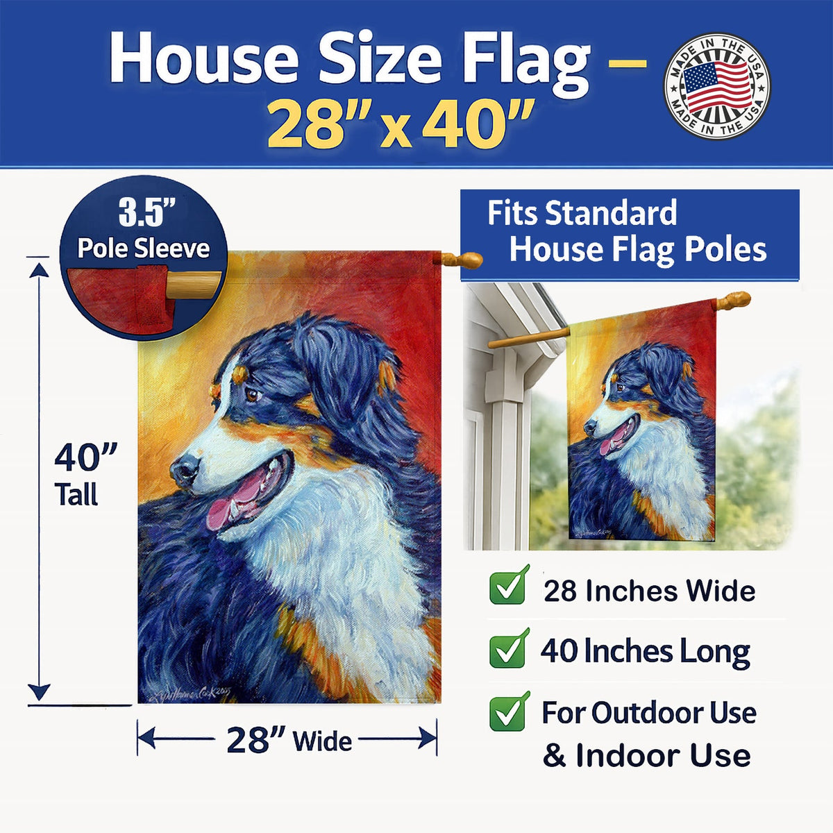 Australian Shepherd House Flag 28x40 Porch Sleeve Pole Decorative Outside Yard Banner Artwork Wall Hanging, Polyester
