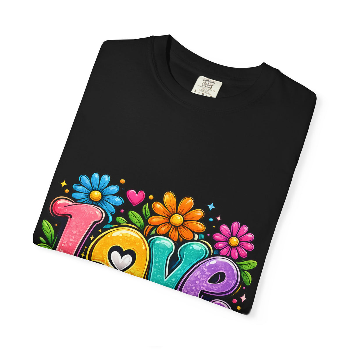 Retro Floral "Love" Design T-shirt | Colorful 70s Heart Typography