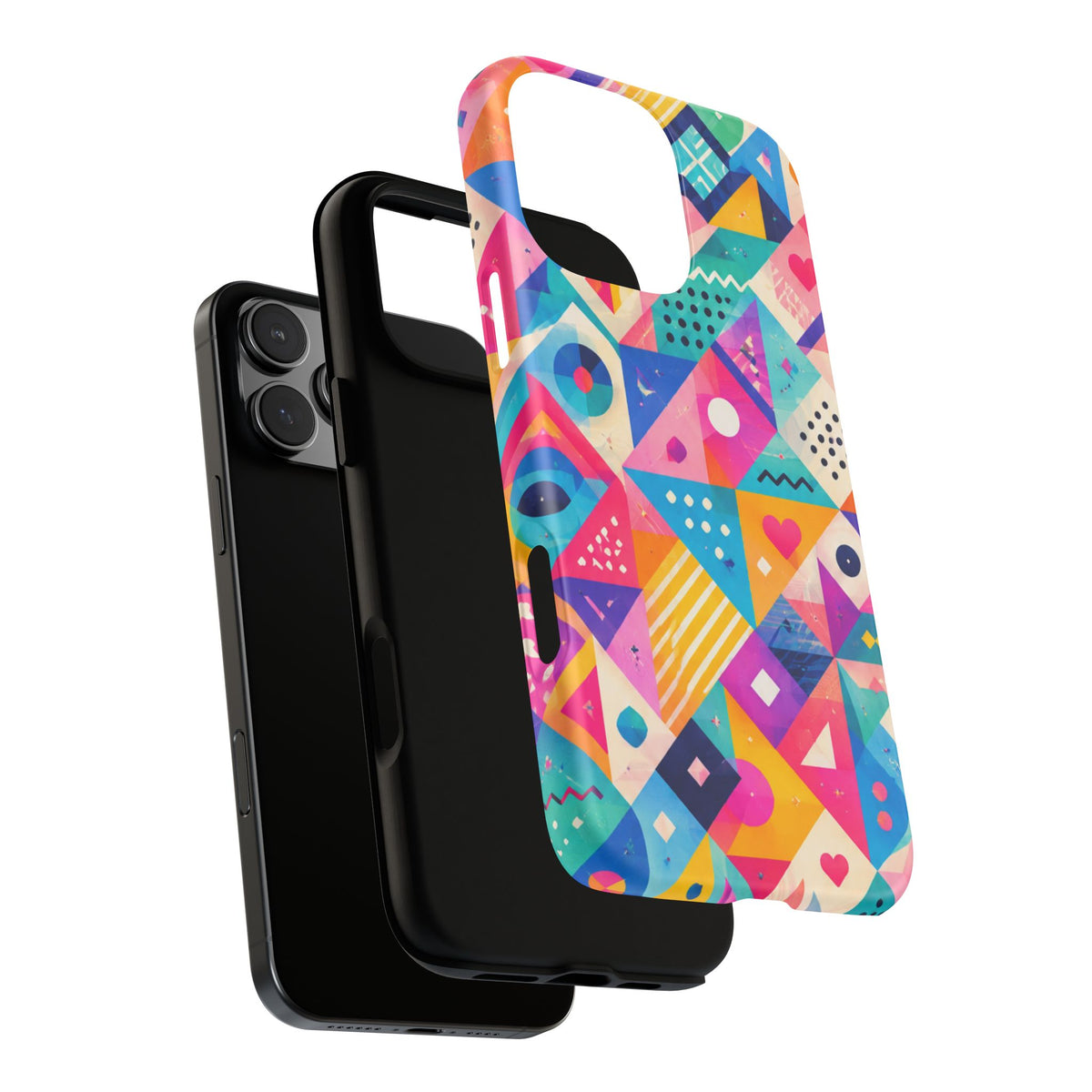 Colorful Geometric Tough Phone Case — Bright Abstract Heart & Triangle Pattern