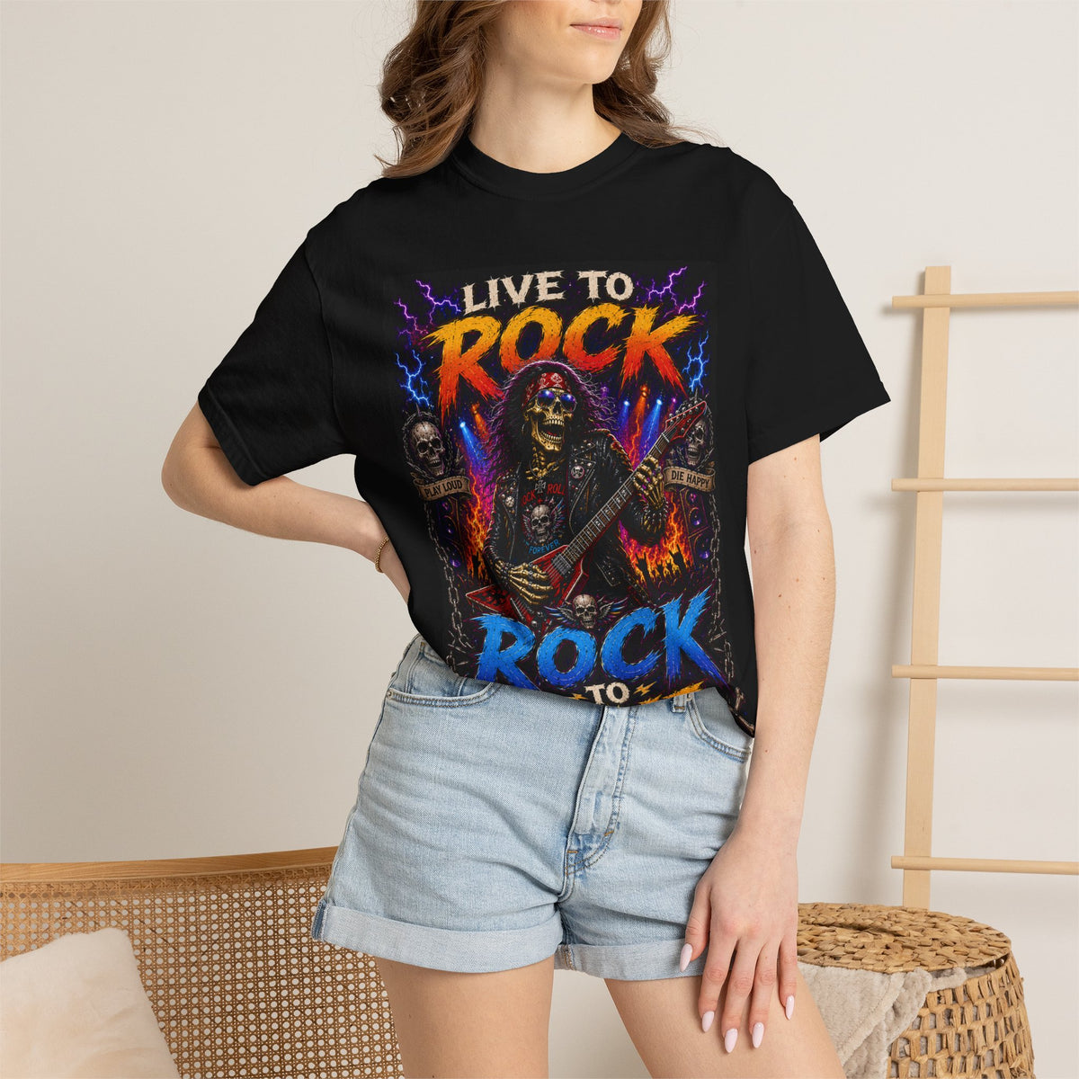 Live to Rock Rock to Live T-Shirt | Skeleton Guitar Metal Tee