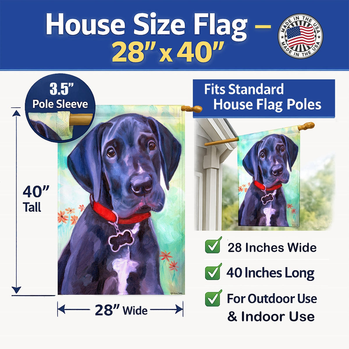 Great Dane Natural Ears Black Pup House Flag 28x40 Porch Sleeve Pole Decorative Outside Yard Banner Artwork Wall Hanging, Polyester