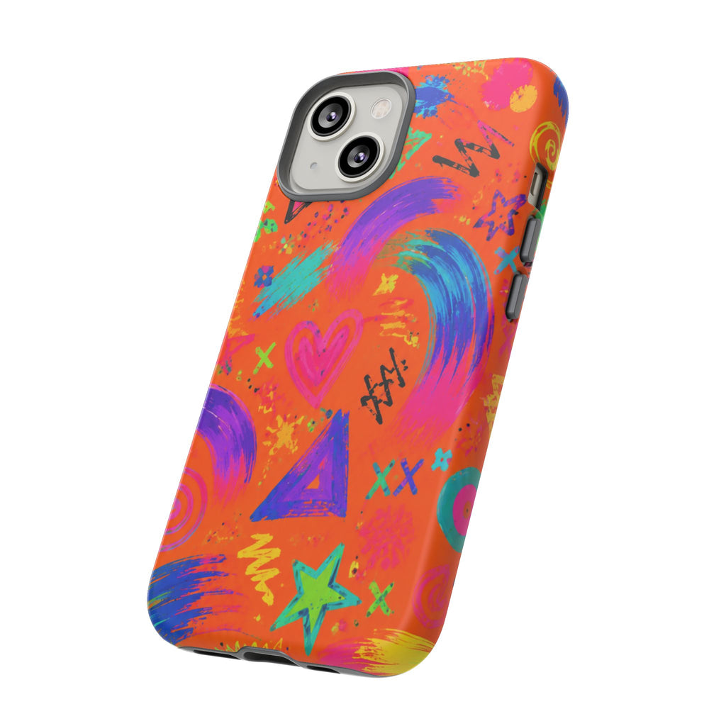 Colorful Neon Doodle Phone Case — Bright Abstract Stars & Hearts Tough Case