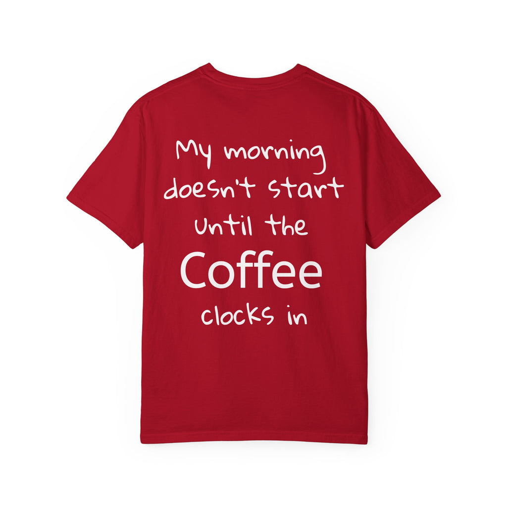 Coffee Cat T-Shirt — Cute Cat Holding Coffee Mug, “My morning doesn’t start until the coffee clocks in” Tee