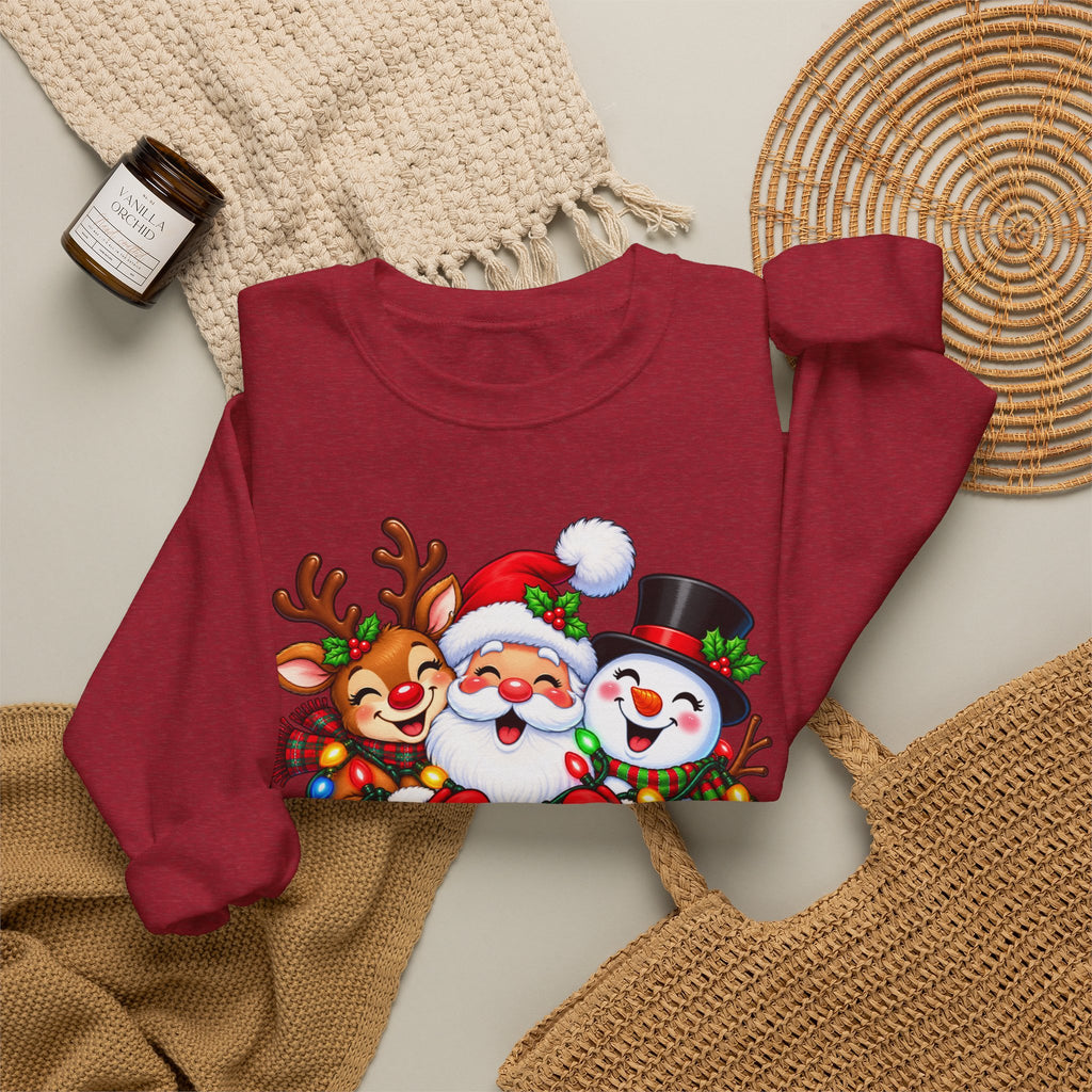 Christmas Trio Crewneck Sweatshirt — Santa, Reindeer & Snowman Holiday Pullover