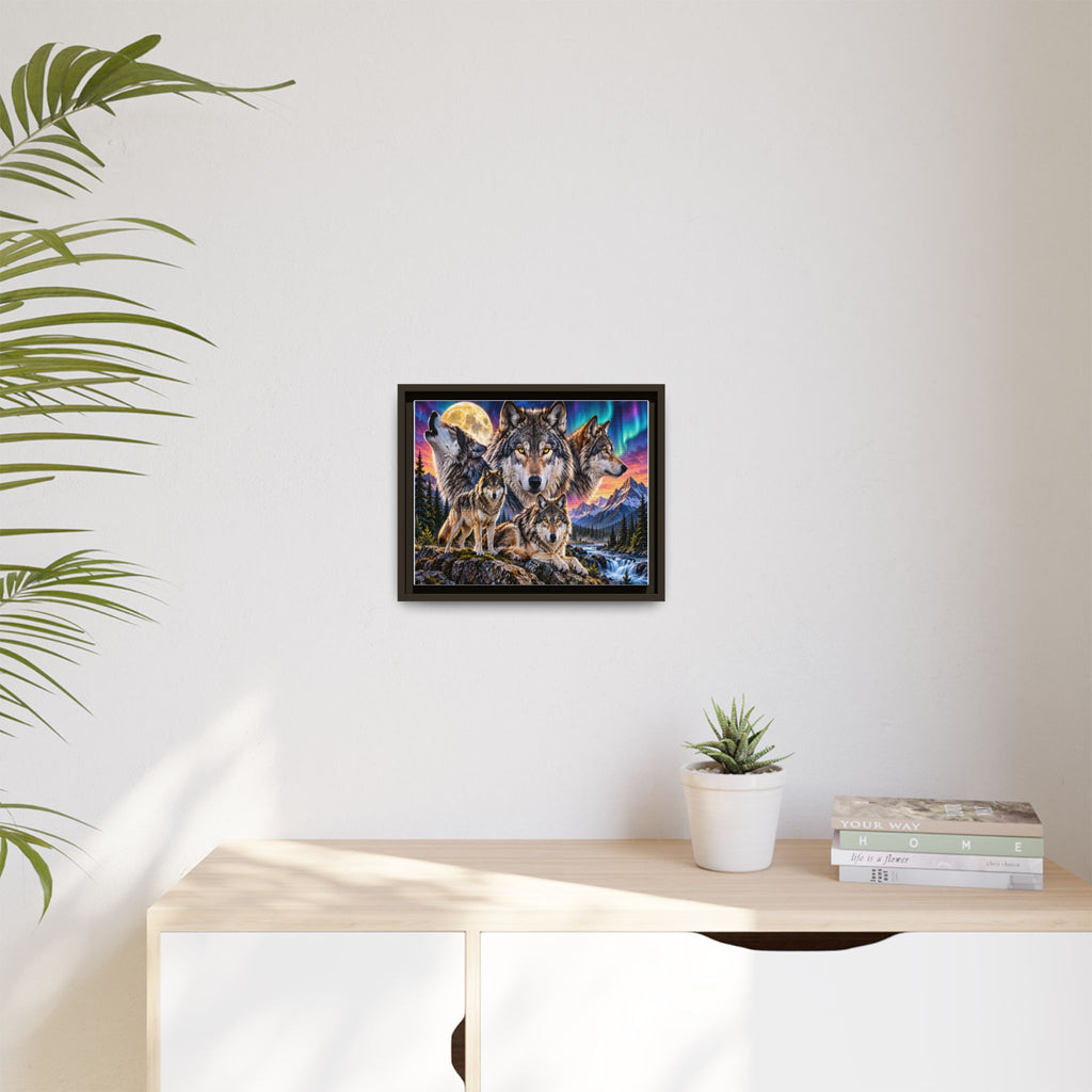 Framed Wolf Pack Matte Canvas Wall Art — Northern Lights Wilderness Scene