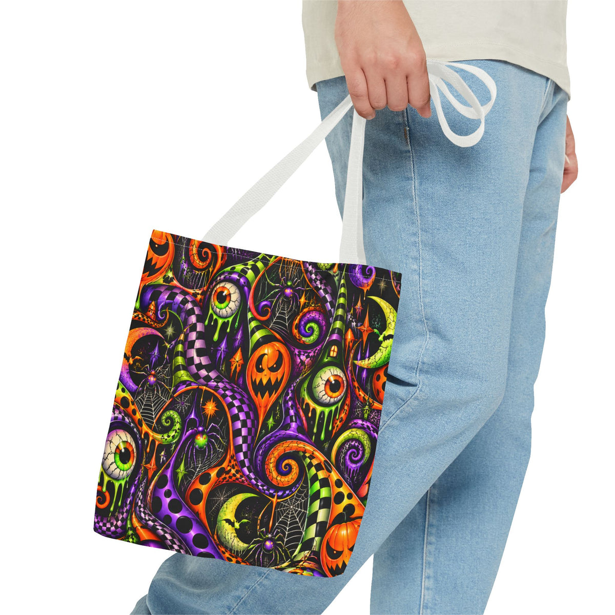 Halloween Swirl Tote Bag — Spooky Jack-o'-Lantern & Eyeball Allover Print