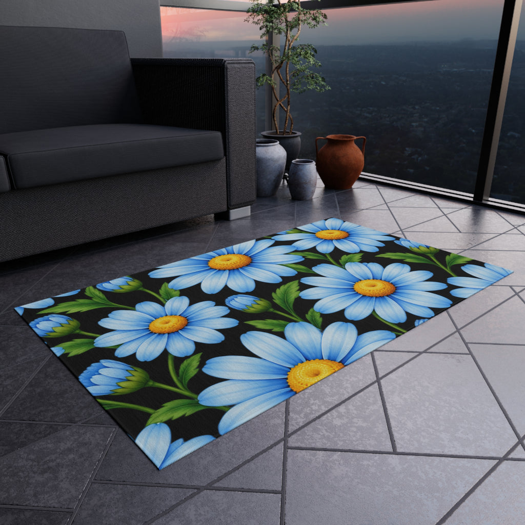 Blue Daisy Outdoor Rug — Cheerful Floral Patio Mat
