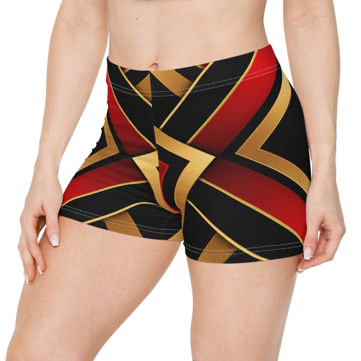 Geometric Gold & Red Athletic Women's Shorts — Bold Art Deco Pattern